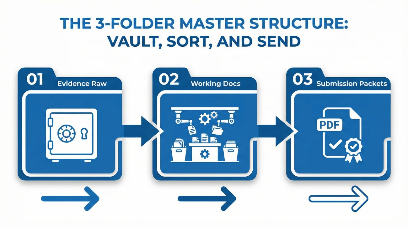 Organize Evidence: A Folder Structure You Can Maintain Under Stress 2 Three Folder Structure For Managing Insurance Claim Evidence
